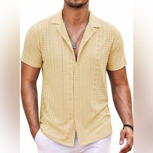 COOFANDY Short Sleeve Button Down Shirt Beach Cuban Collared Doily Lacework M